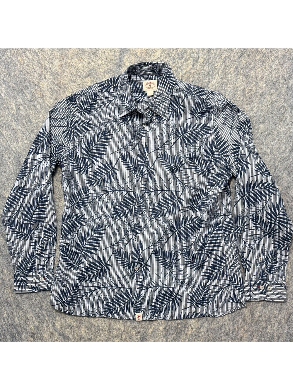 Brooks Brothers Red Fleece Mens L Palm Leaf Shirt Blue White Cotton Long Sleeve